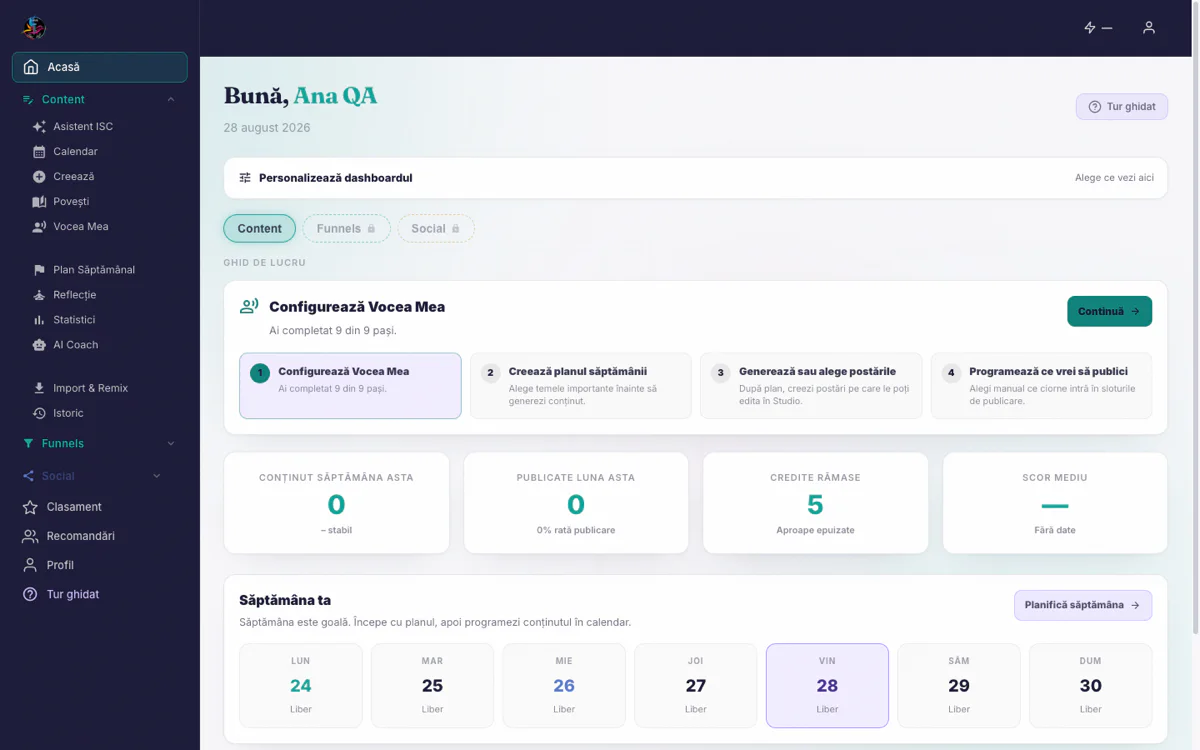 Dashboard ISC Content cu ghidul de lucru și săptămâna curentă