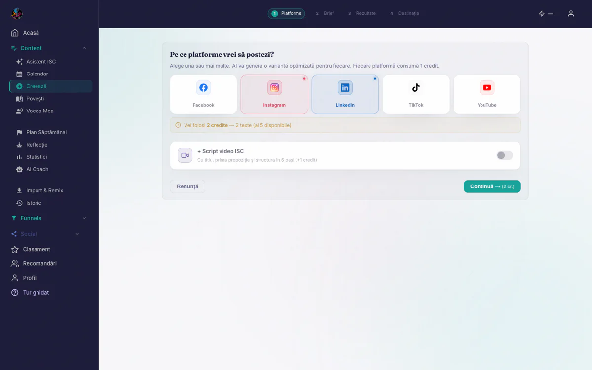 Wizard de creare conținut cu selecția platformelor