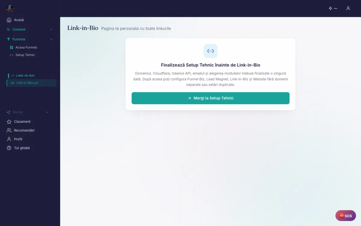 Secțiunea Link-in-Bio din aplicație