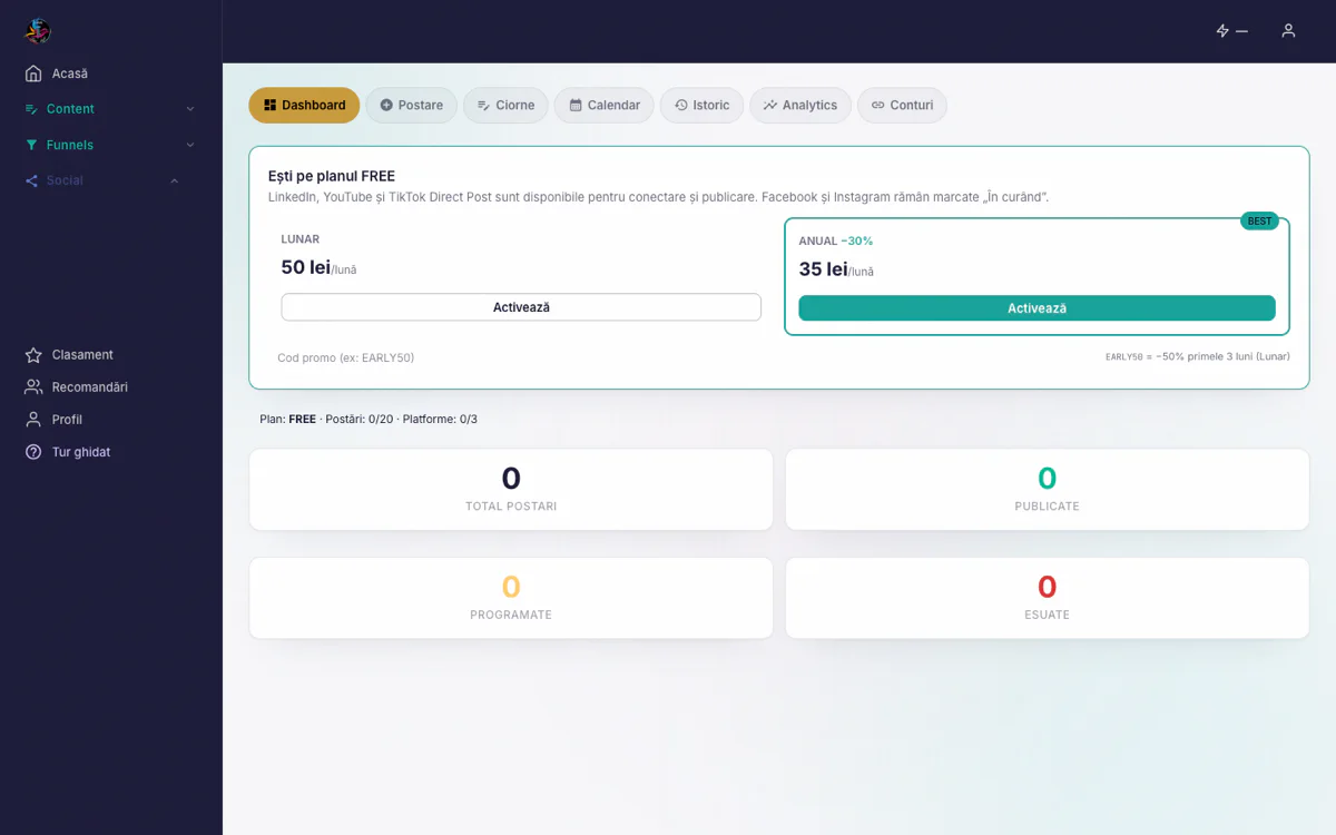 Dashboard Social cu tab-uri de postare, calendar și analytics