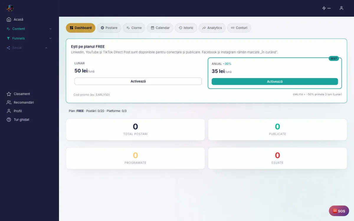 Panoul Social cu tab-uri de postare, calendar și analytics